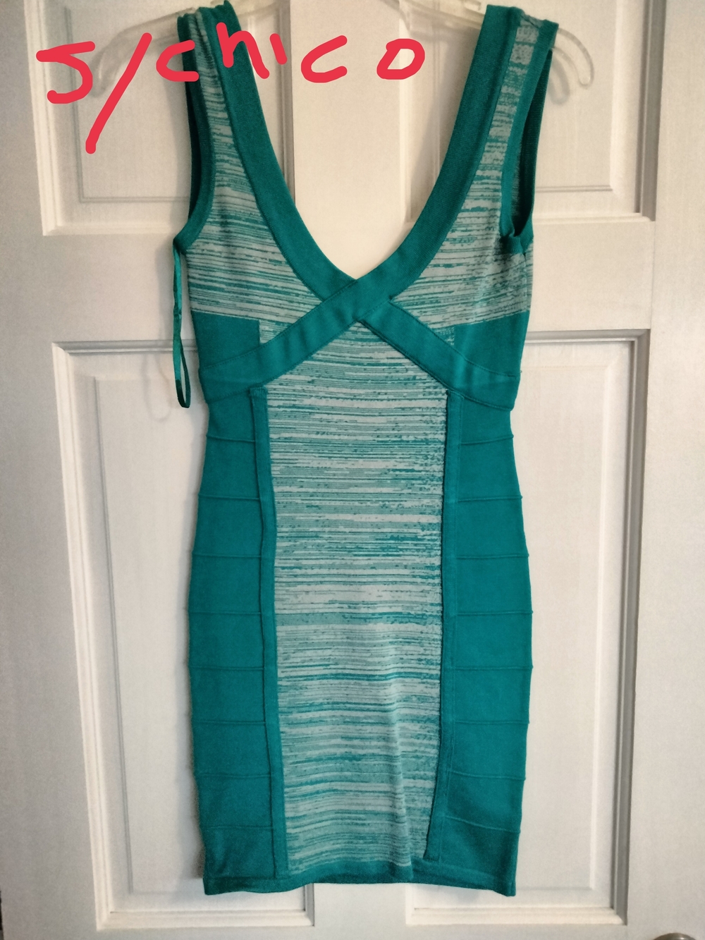 Chico's Teal Striped Panel V-Neck Mini Dress